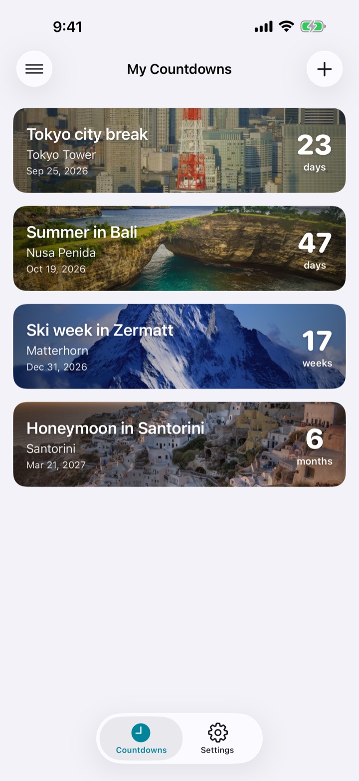 The countdown list: Tokyo city break in 23 days, Summer in Bali in 47 days, Ski week in Zermatt in 17 weeks, Honeymoon in Santorini in 6 months.
