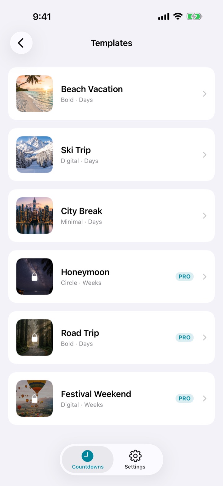 The templates list: Beach Vacation, Ski Trip, City Break, Honeymoon, Road Trip and Festival Weekend.