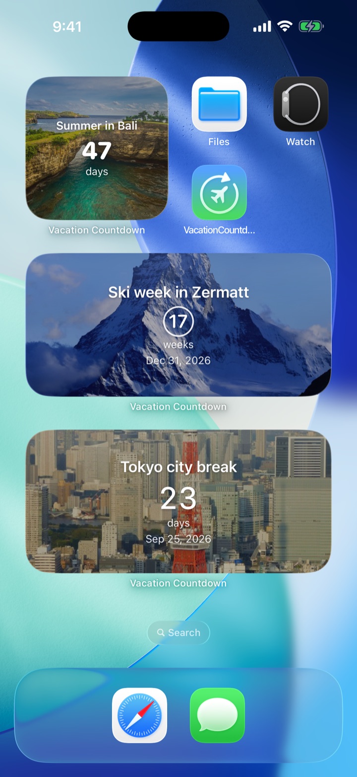 An iPhone Home Screen with three Vacation Countdown widgets: a small one for Bali, medium ones for Zermatt and Tokyo.